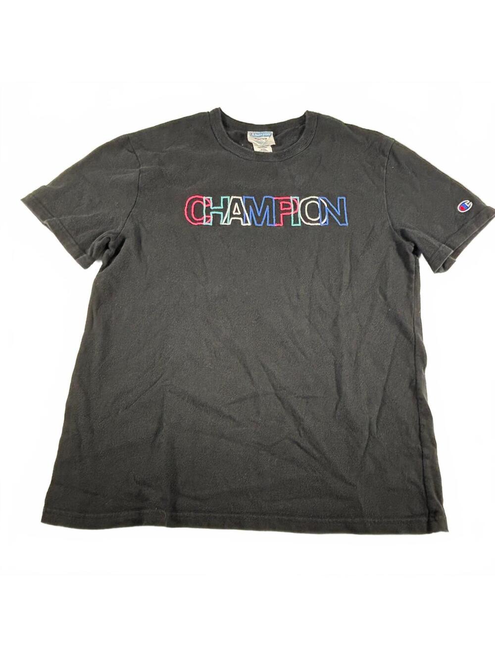 Vintage Champion Black Embroidered Logo Short-Sleeve T-Shirt M